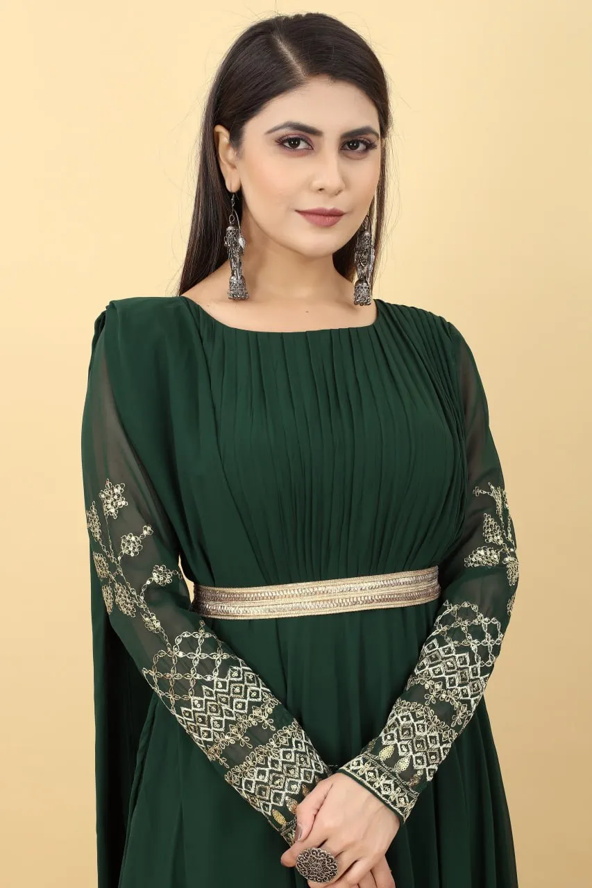 Dark Green Embroidery Sequence Work Gown