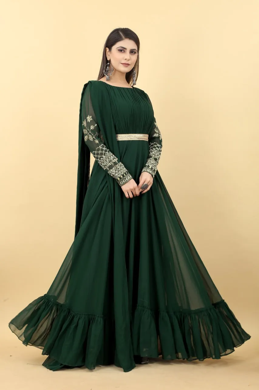 Dark Green Embroidery Sequence Work Gown