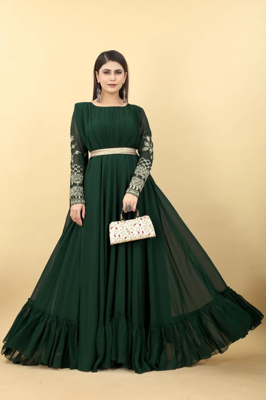 Dark Green Embroidery Sequence Work Gown