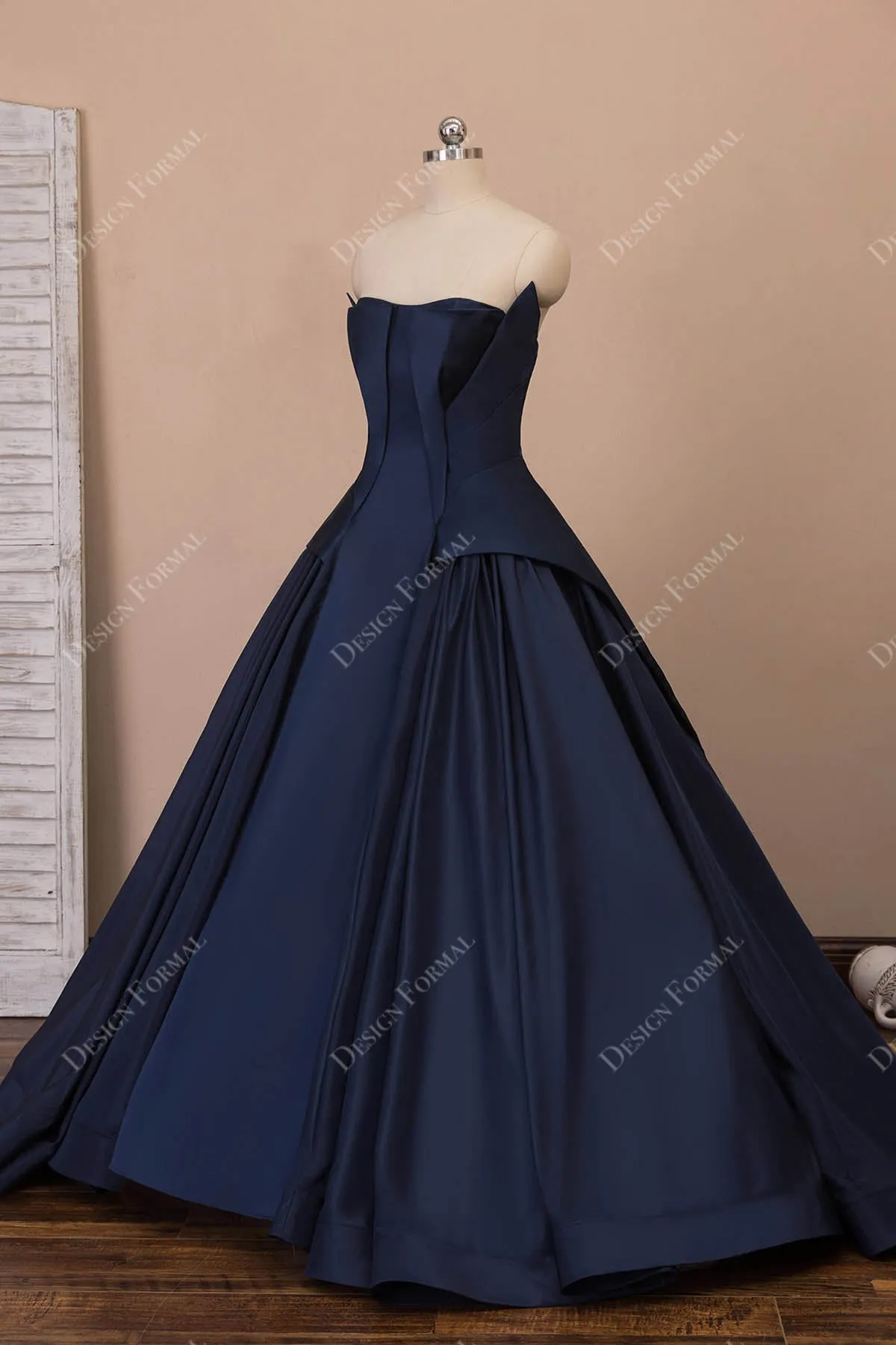 Designer Navy Satin Strapless Panels Ball Gown Sweetheart 16 Prom Dress