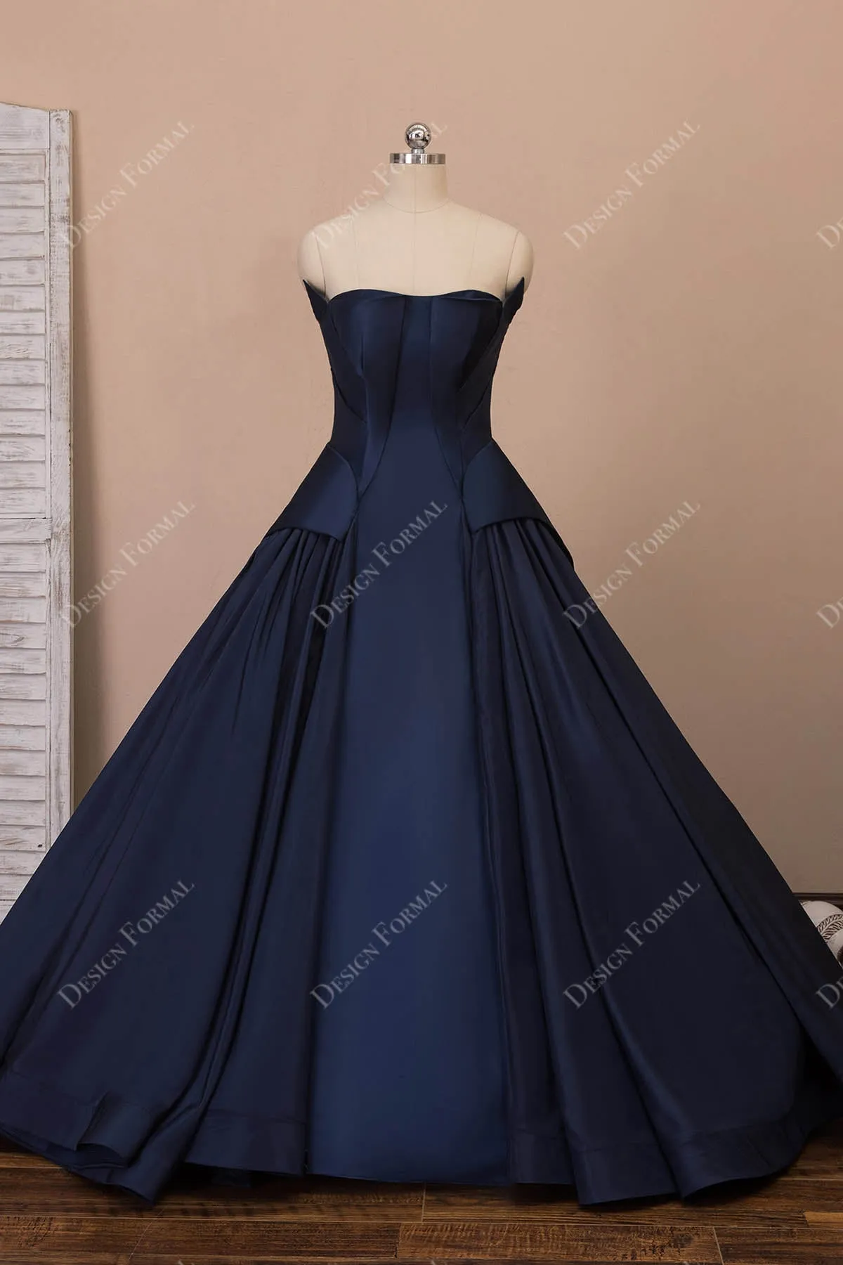 Designer Navy Satin Strapless Panels Ball Gown Sweetheart 16 Prom Dress