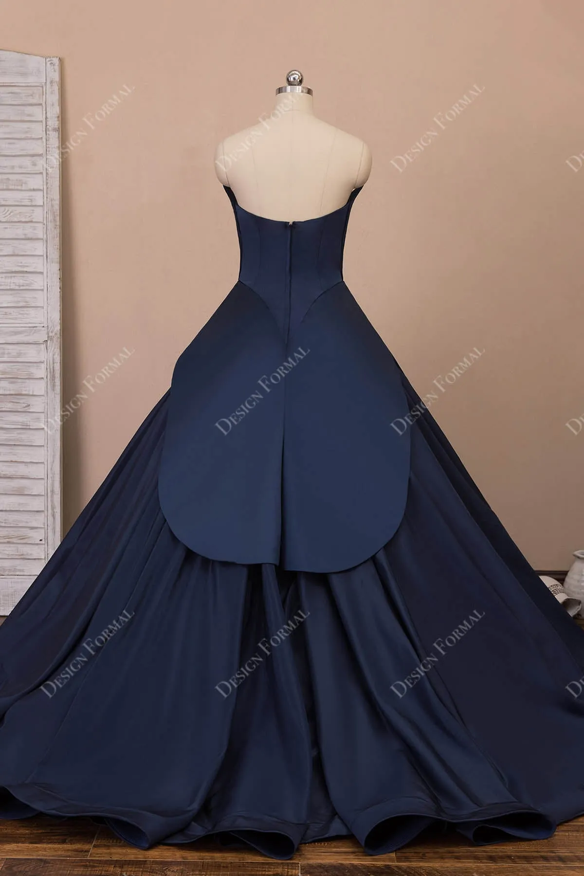 Designer Navy Satin Strapless Panels Ball Gown Sweetheart 16 Prom Dress