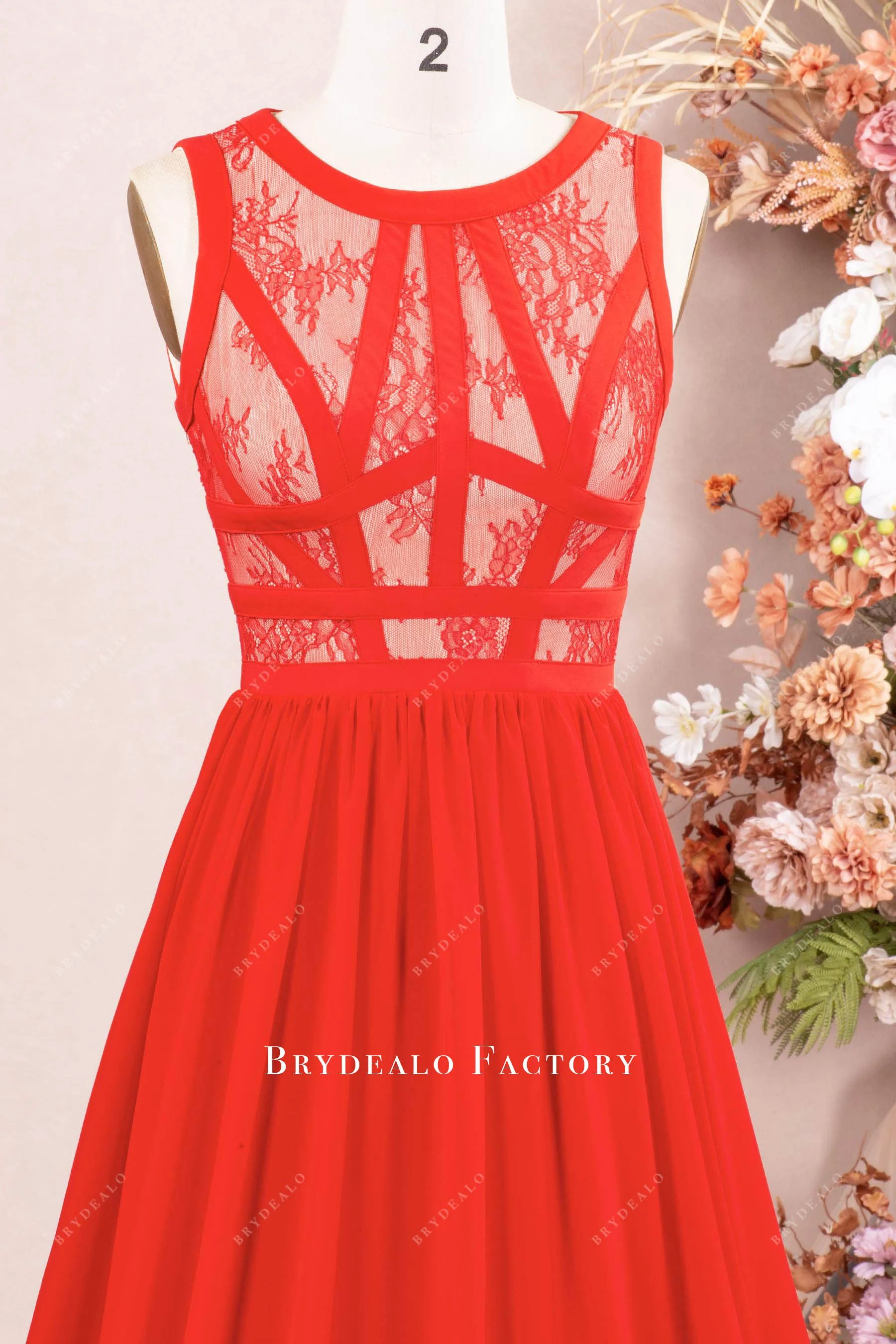 Designer Red Sleeveless Lace Chiffon Formal Dress