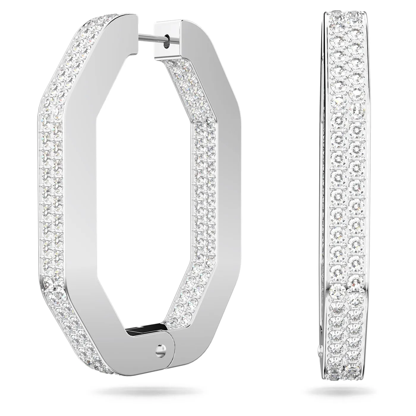 DEXTERA HOOP EARRINGS OCTAGON, PAVE, LARGE, WHITE, RHODIUM PLATED