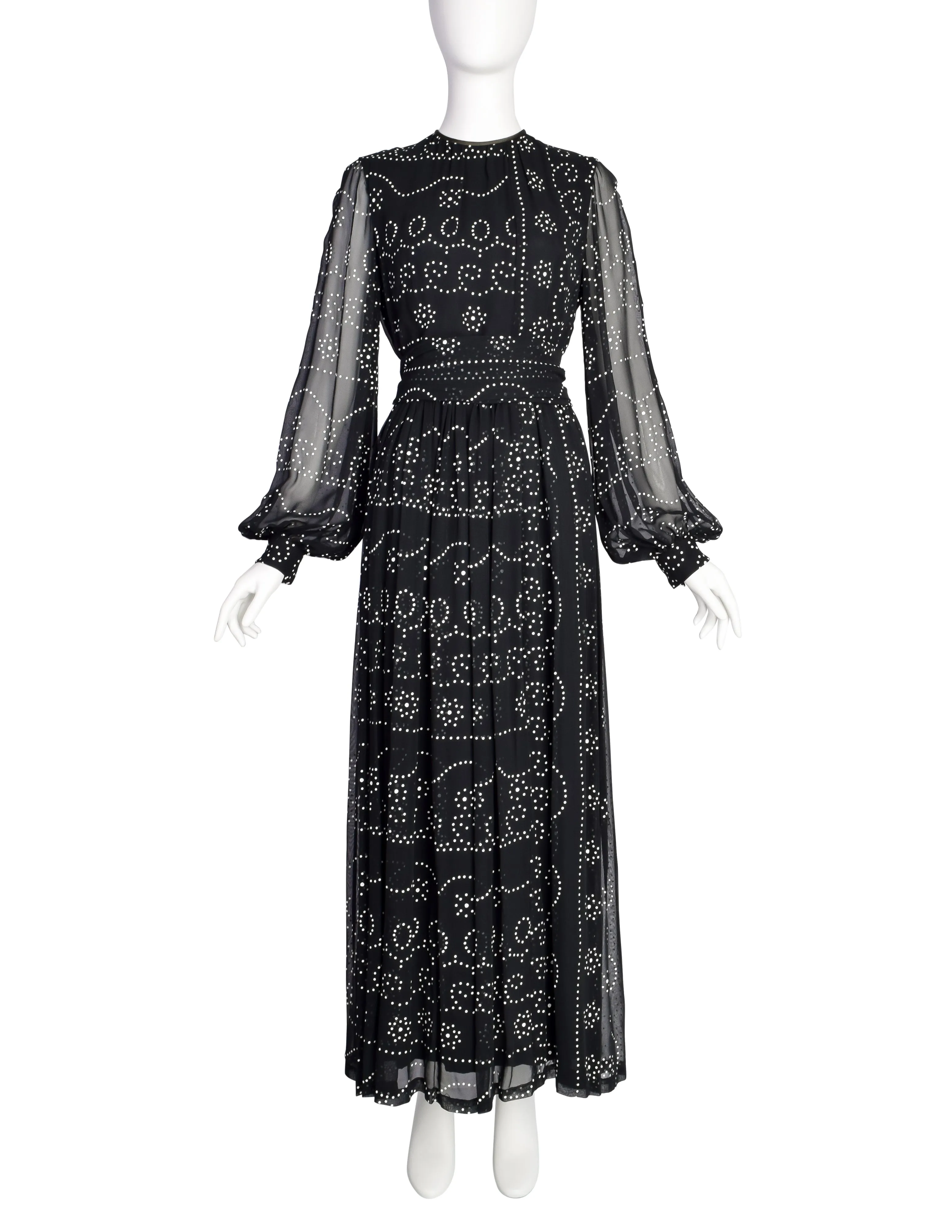 Donald Brooks Vintage Black White Dot Print Chiffon Bishop Sleeve Gown Dress