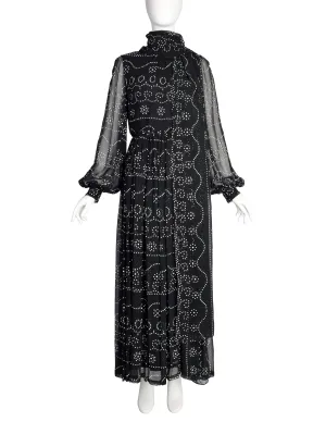 Donald Brooks Vintage Black White Dot Print Chiffon Bishop Sleeve Gown Dress