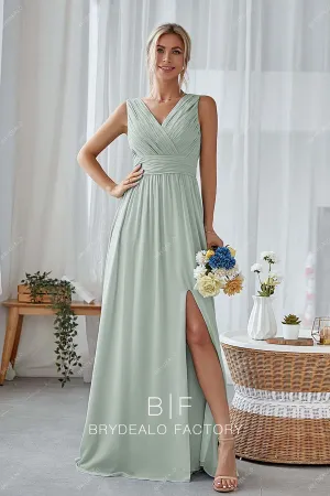 Dusty Sage Chiffon V-neck Long Elegant Slit Dress