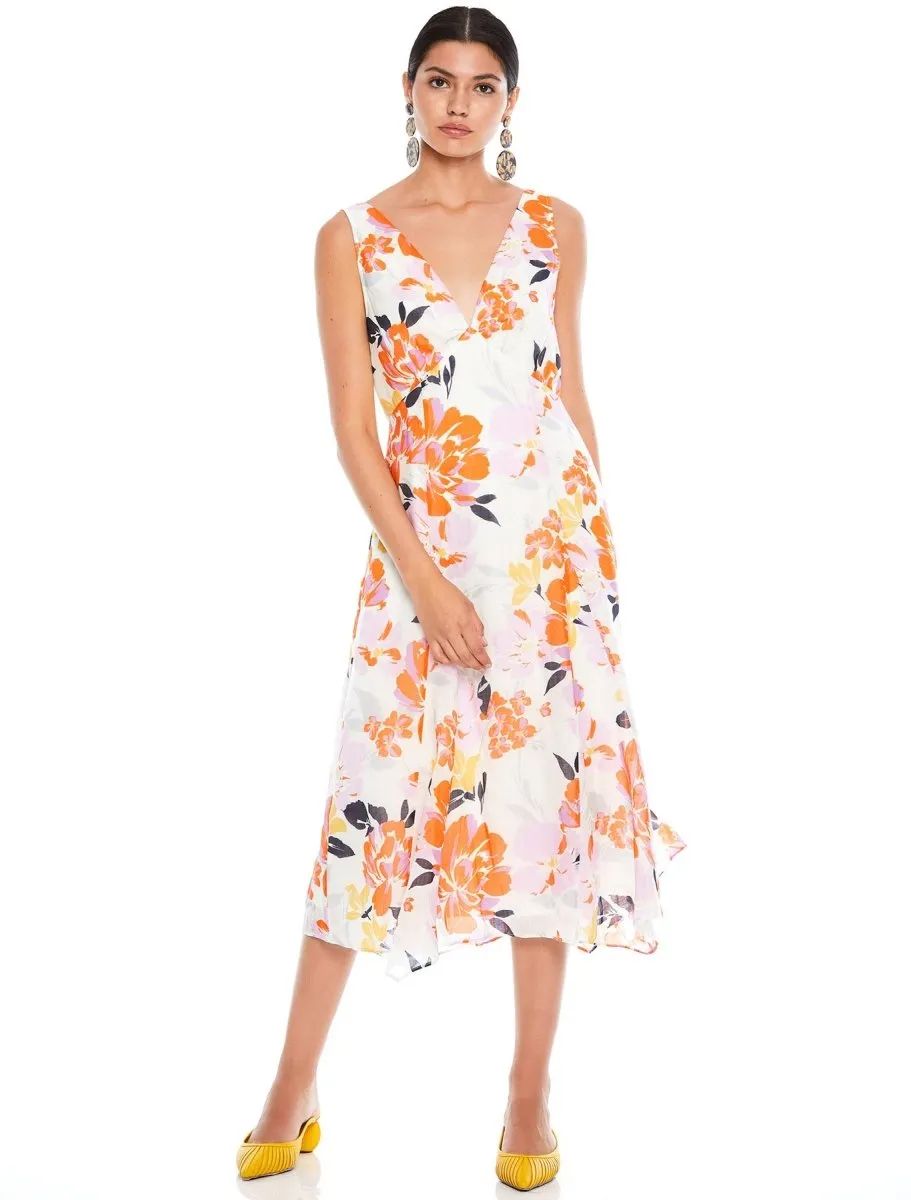 EFFERVESCENT FLORAL DRAPE MIDI DRESS