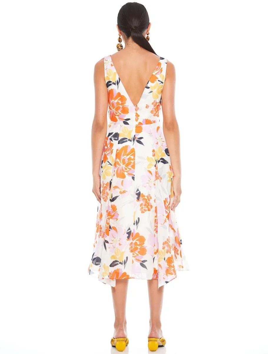 EFFERVESCENT FLORAL DRAPE MIDI DRESS