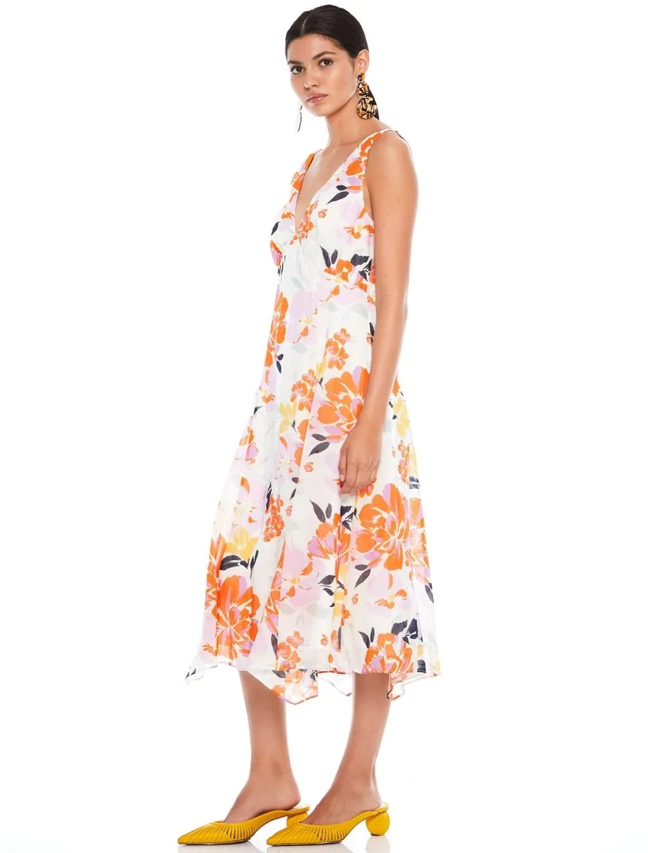 EFFERVESCENT FLORAL DRAPE MIDI DRESS