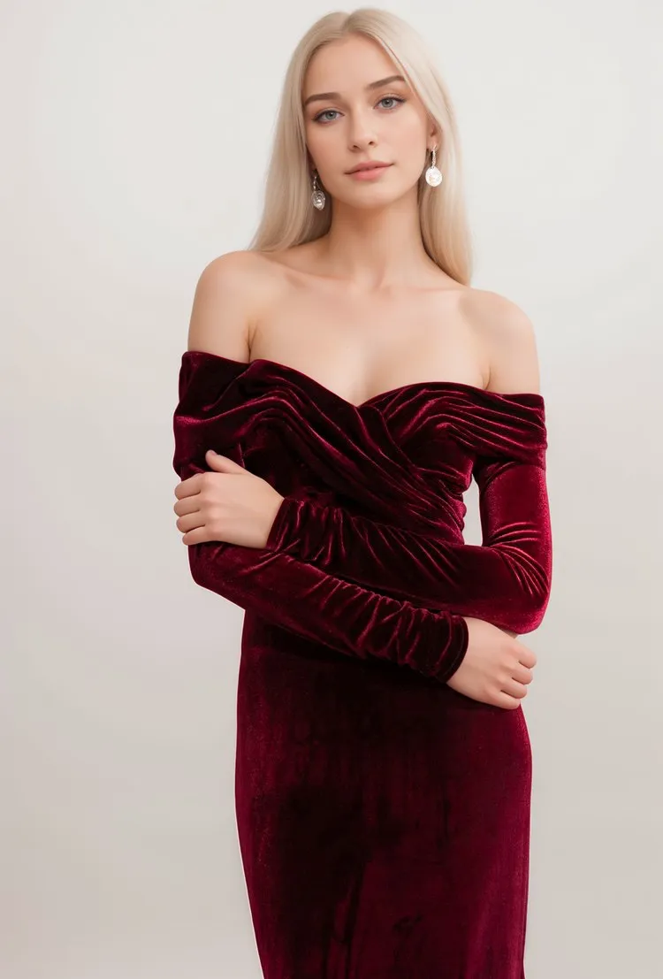 Elegant Off-the-Shoulder Velvet Prom Dress with Ruched Neckline and Long Sleeves