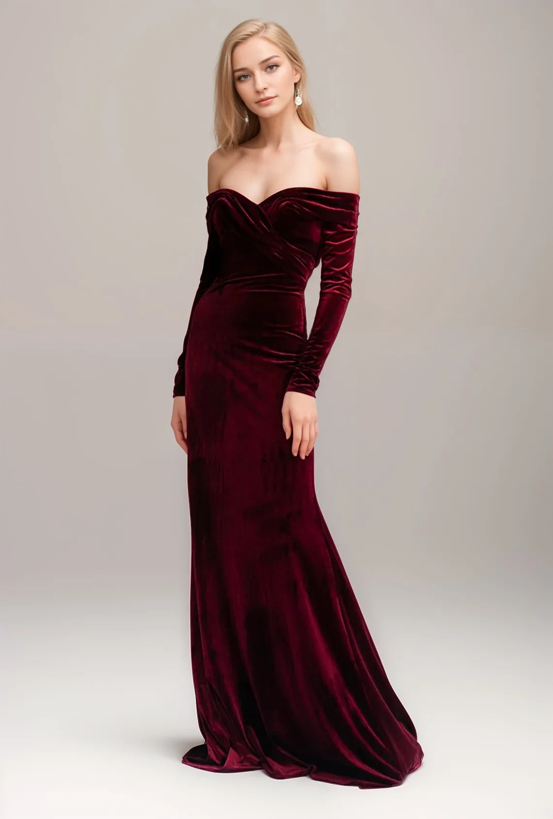 Elegant Off-the-Shoulder Velvet Prom Dress with Ruched Neckline and Long Sleeves