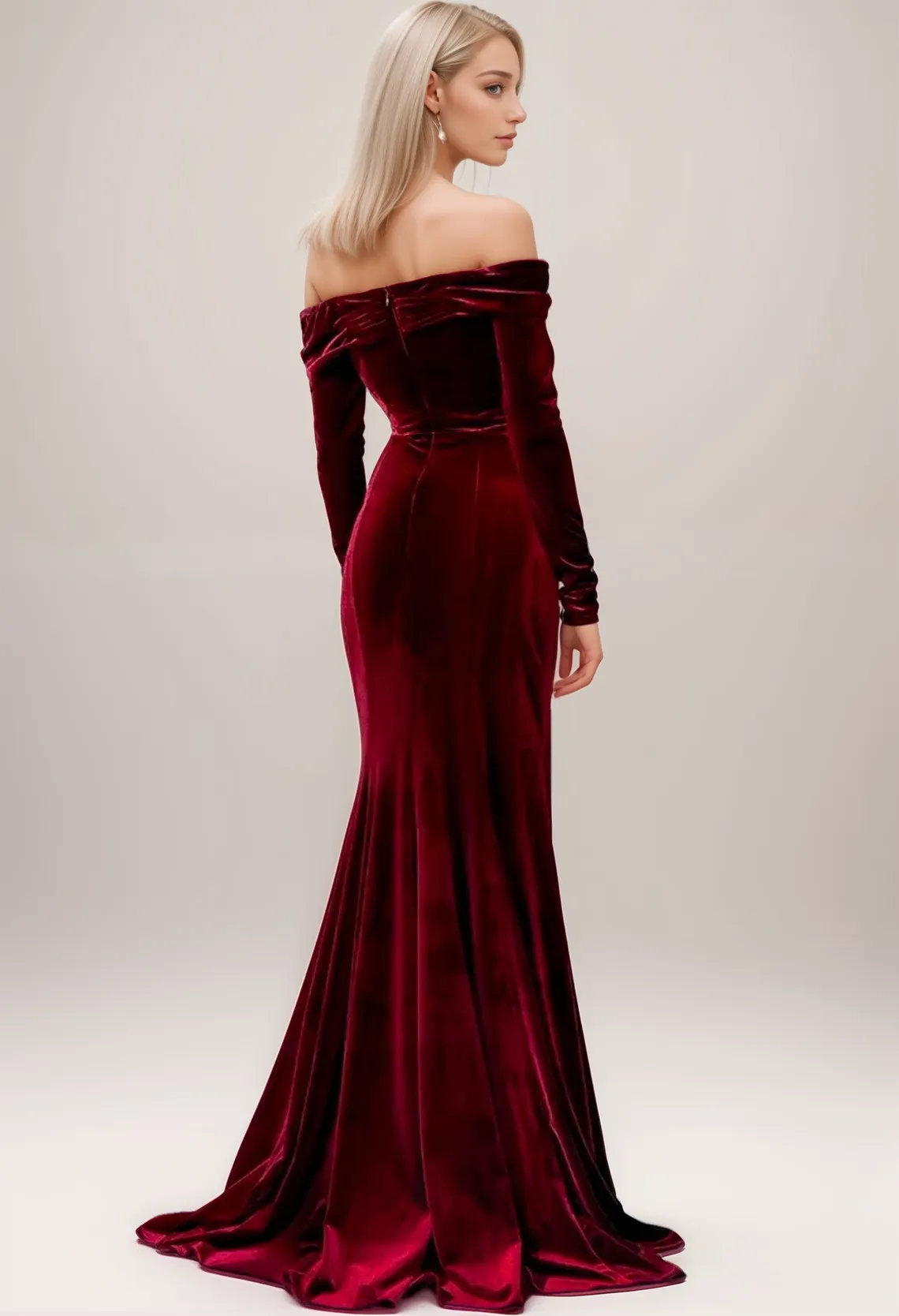 Elegant Off-the-Shoulder Velvet Prom Dress with Ruched Neckline and Long Sleeves