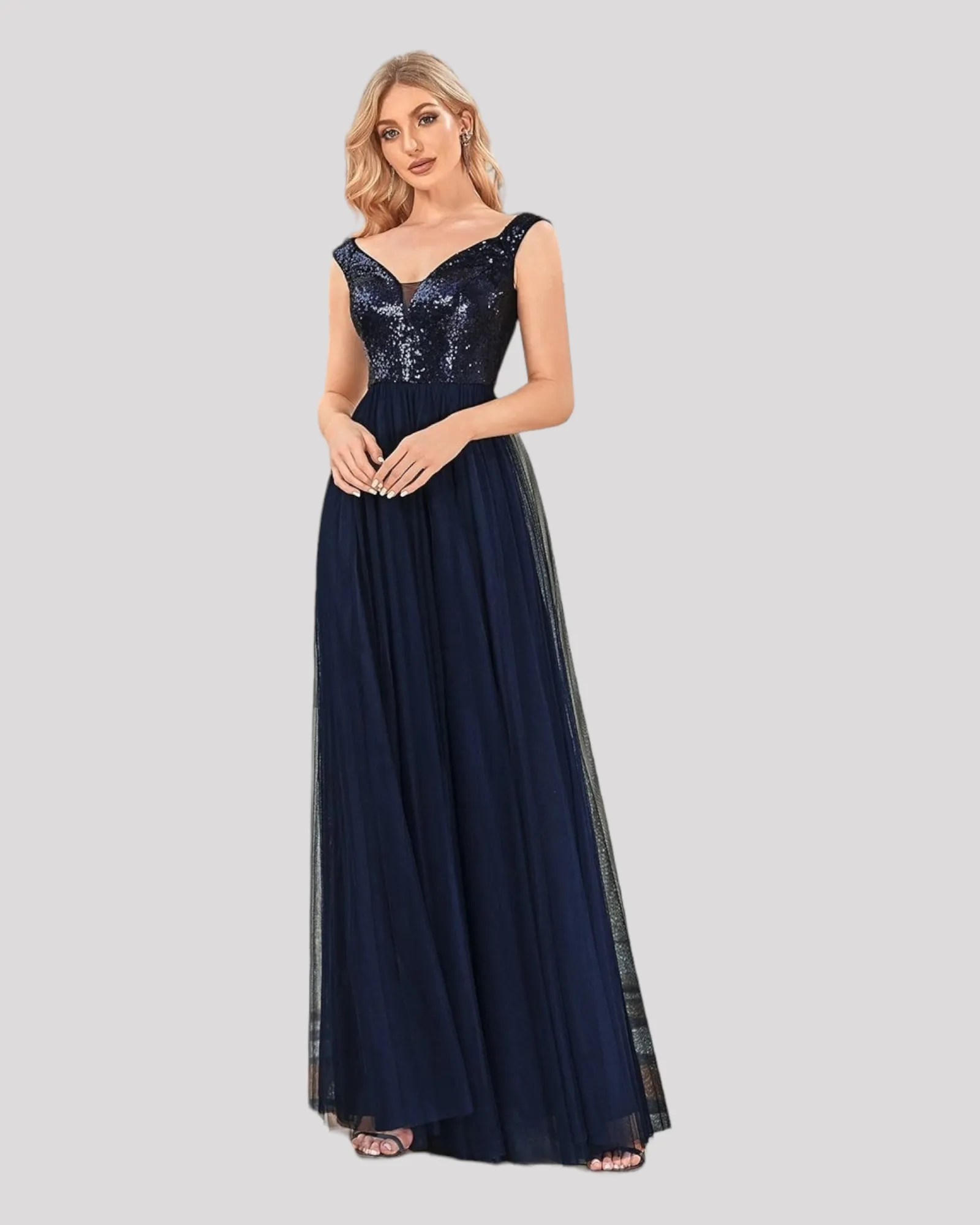 Elegant Sequin Bodice and Soft Tulle Evening Dress with V Neckline available in 7 Colours