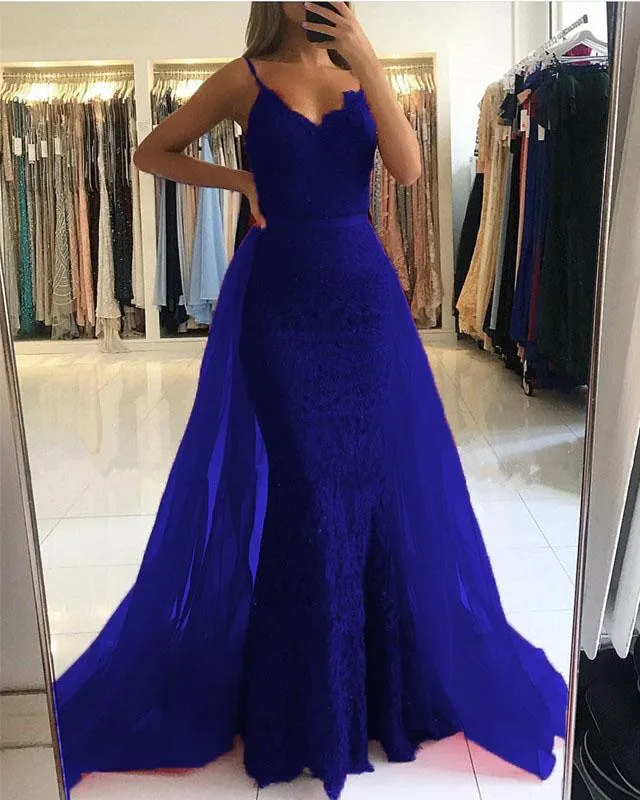 Elegant V-neck Mermaid Lace Prom Dresses Detachable Skirt