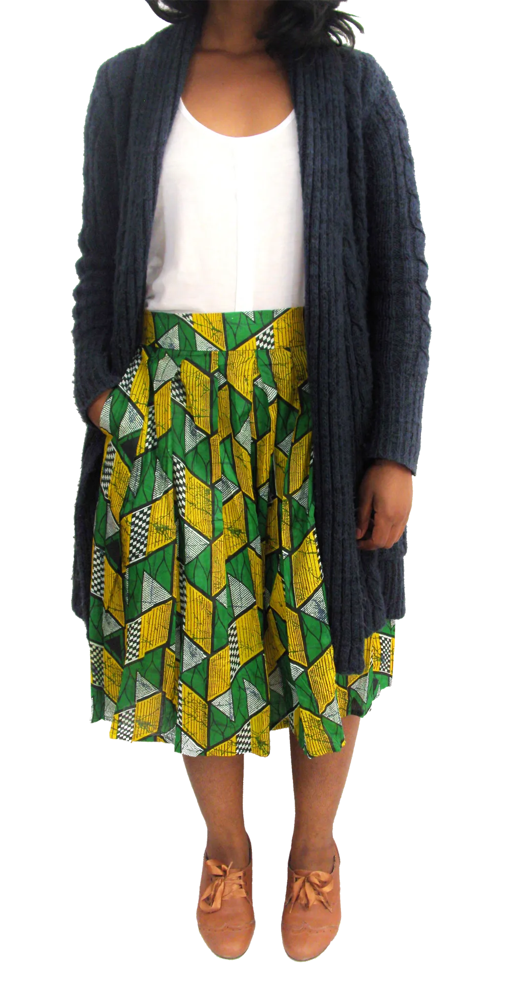 Ethnic Vintage Pleated Kitenge Midi Skirt with Pockets