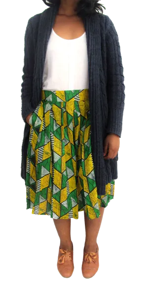 Ethnic Vintage Pleated Kitenge Midi Skirt with Pockets