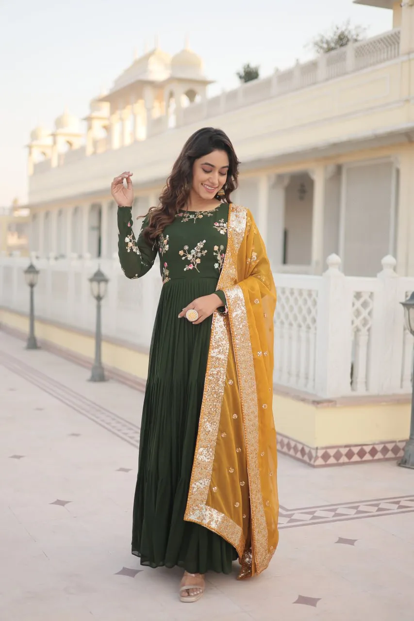 Exquisite Green Faux Georgette Gown with Embroidered Threadwork and Russian Silk Dupatta