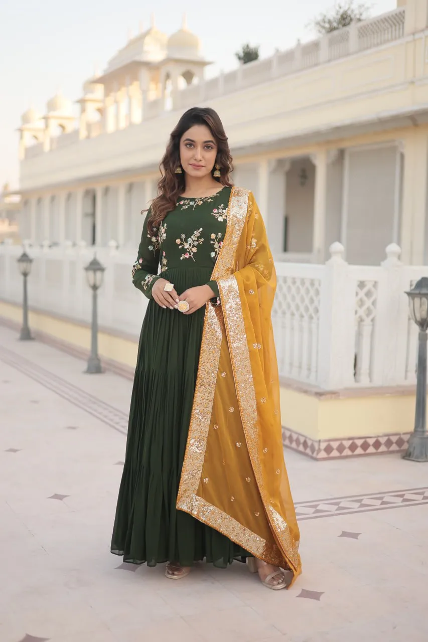 Exquisite Green Faux Georgette Gown with Embroidered Threadwork and Russian Silk Dupatta