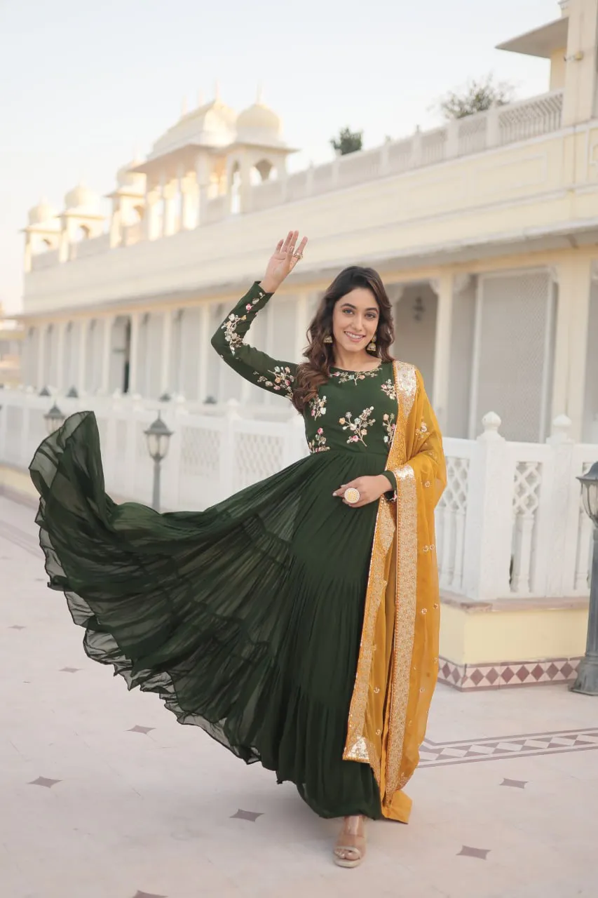 Exquisite Green Faux Georgette Gown with Embroidered Threadwork and Russian Silk Dupatta