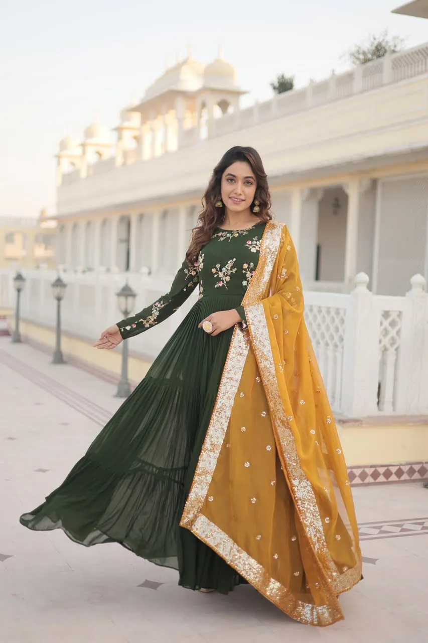 Exquisite Green Faux Georgette Gown with Embroidered Threadwork and Russian Silk Dupatta