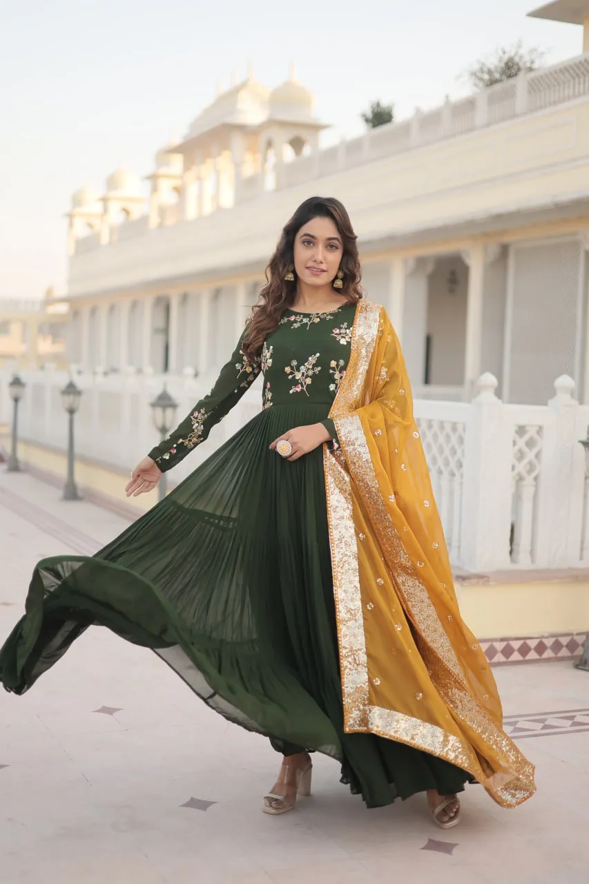 Exquisite Green Faux Georgette Gown with Embroidered Threadwork and Russian Silk Dupatta