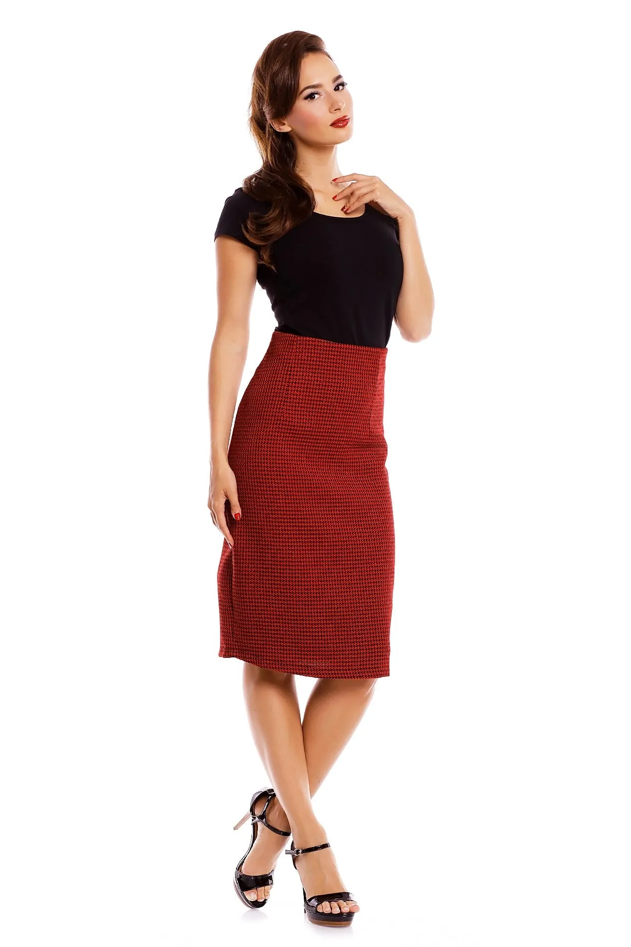 Falda Chic Vintage Inspired Pencil Skirt in Red-Black