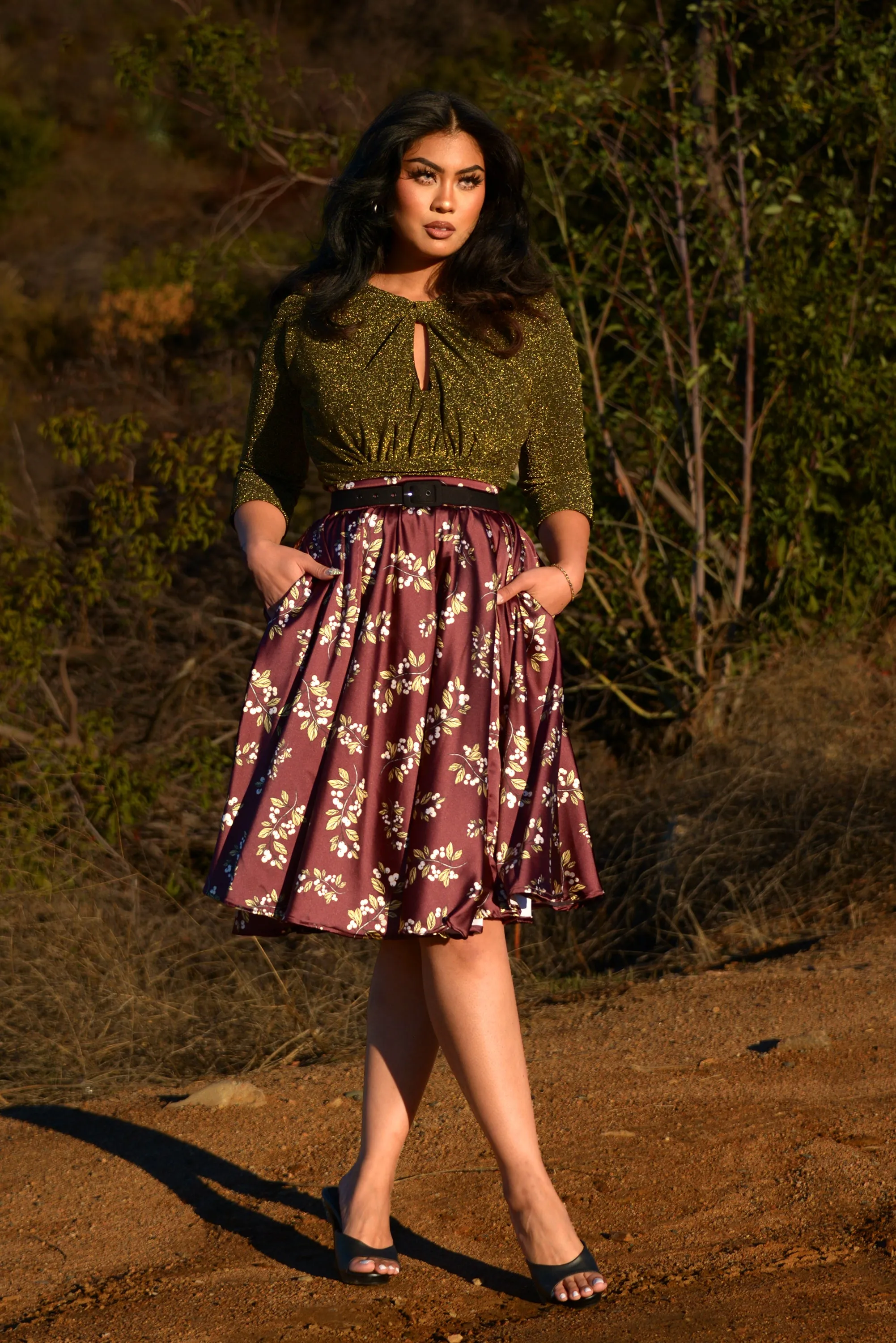 Final Sale - Gathered Circle Skirt in Burgundy Juniper Berries Satin | Laura Byrnes & Hope Johnstun