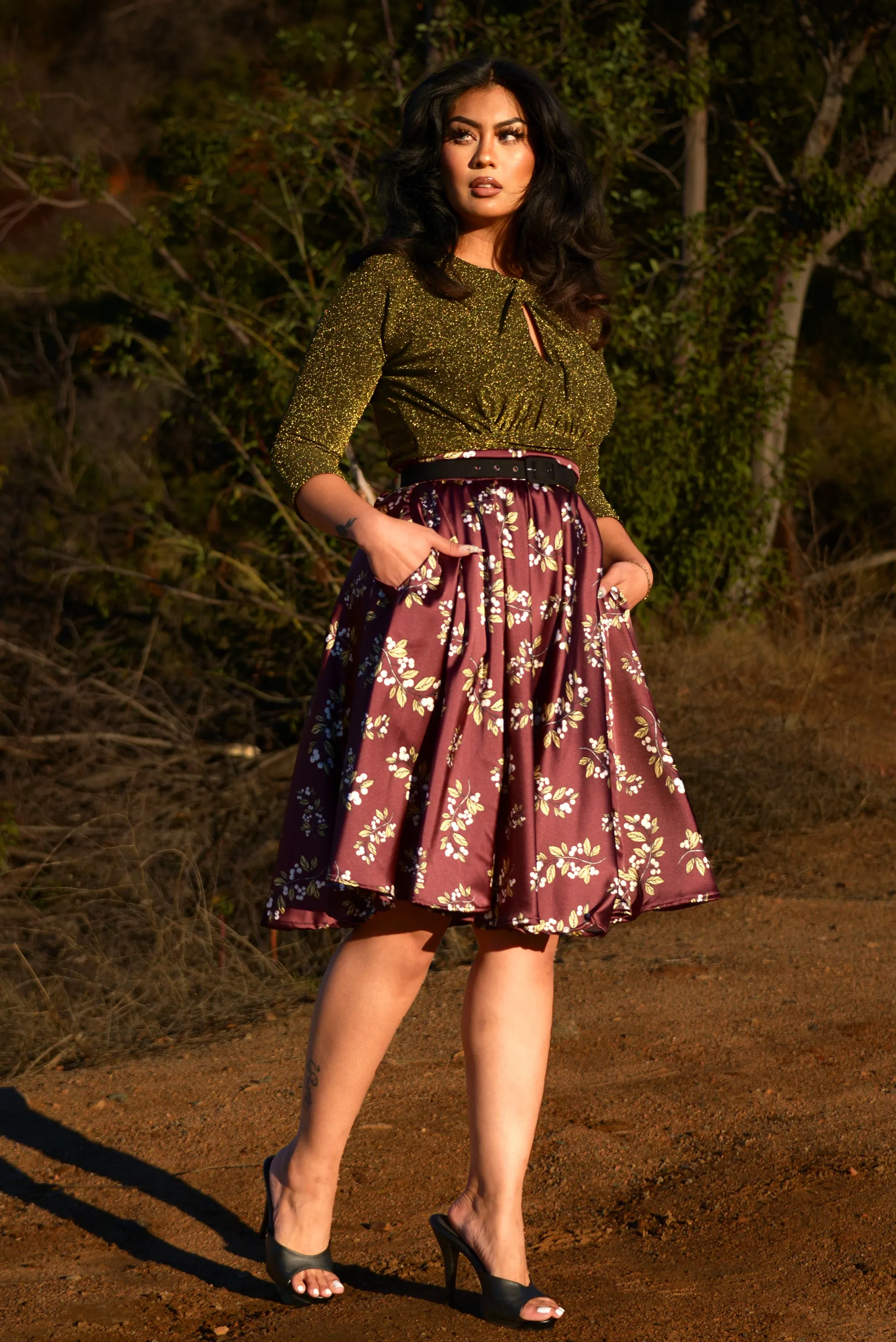 Final Sale - Gathered Circle Skirt in Burgundy Juniper Berries Satin | Laura Byrnes & Hope Johnstun