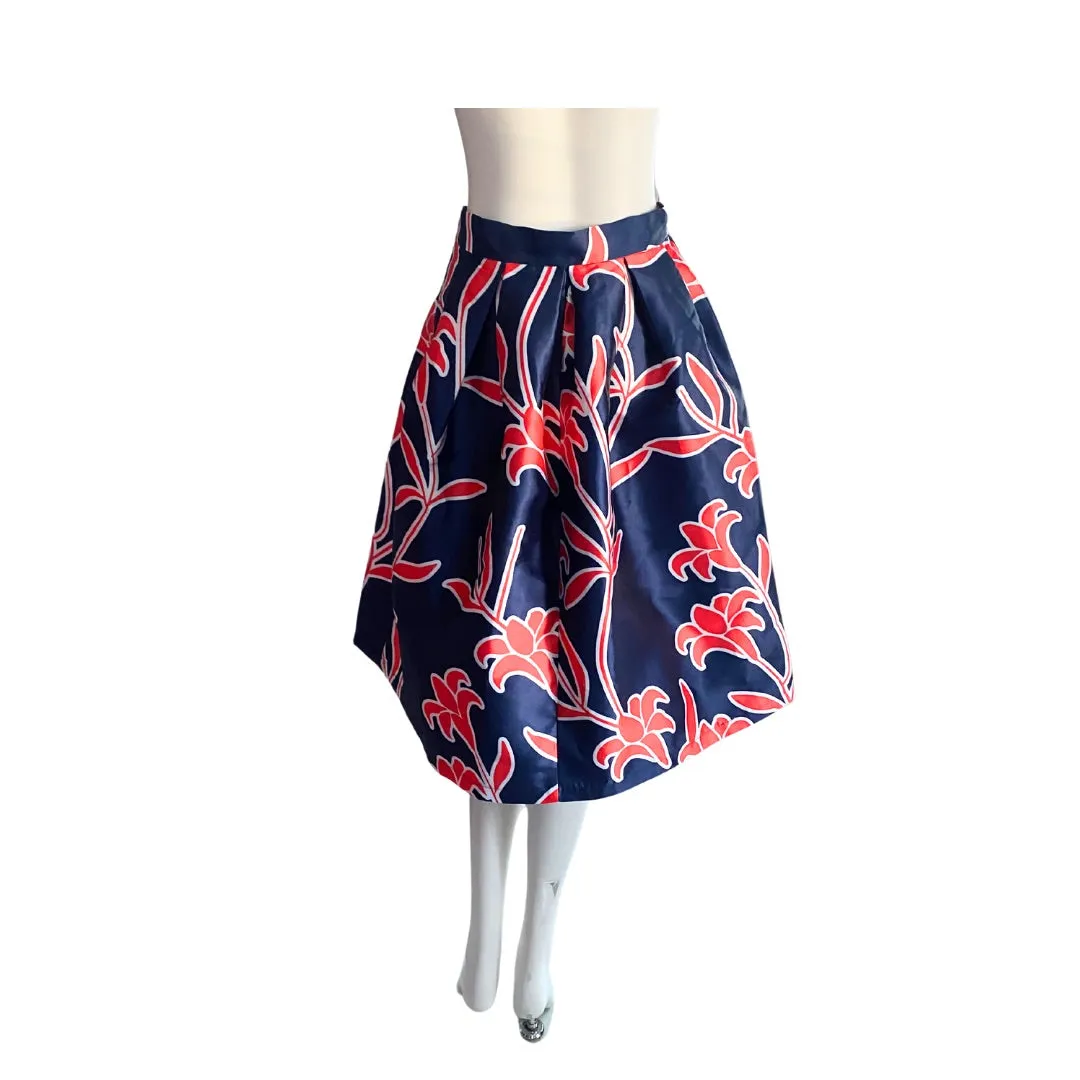 Floral A-Line  Midi Prom Skirt Red Navy