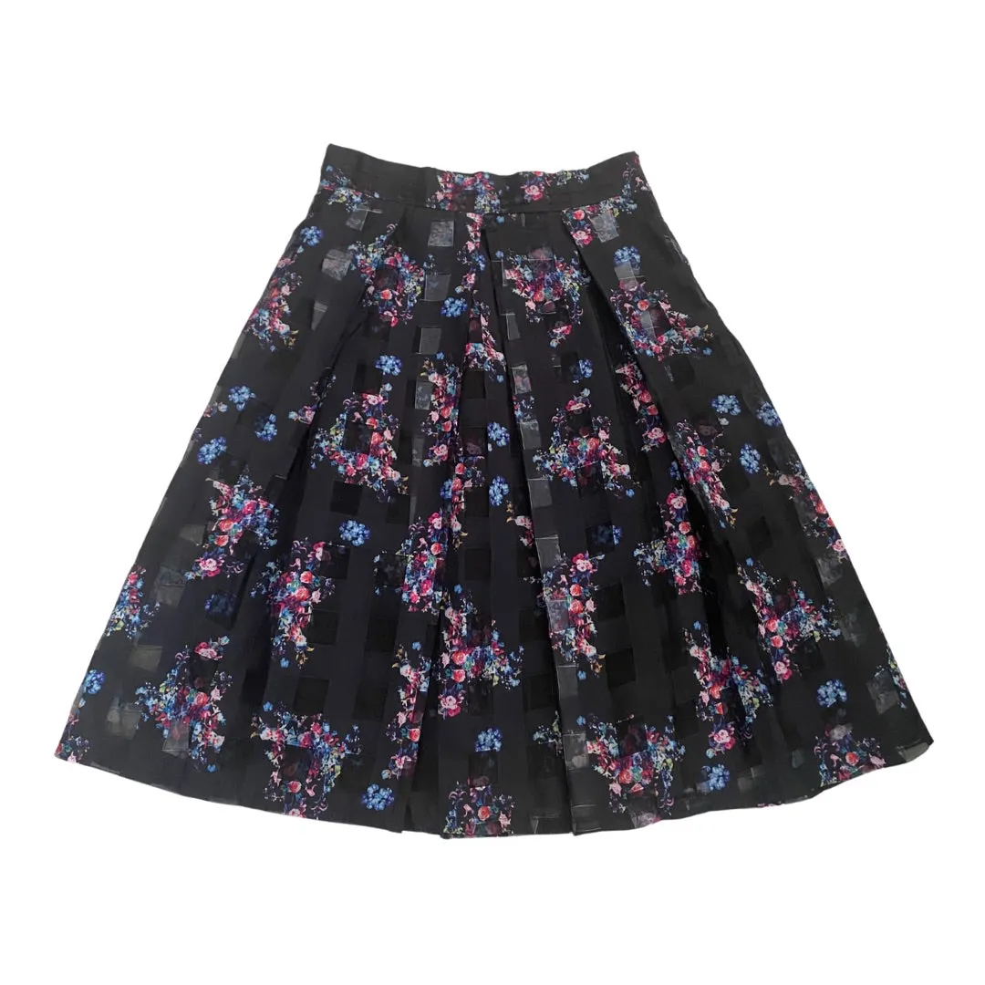 Floral Pleated Midi Skirt Black Blue SIZE  12