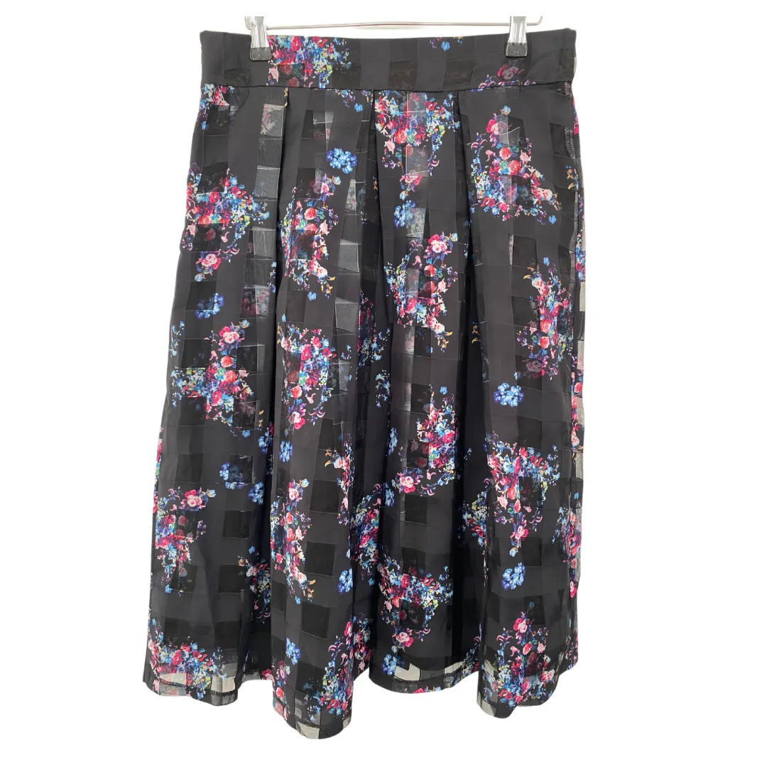 Floral Pleated Midi Skirt Black Blue SIZE  12