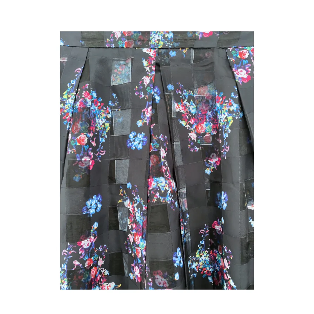 Floral Pleated Midi Skirt Black Blue SIZE  12