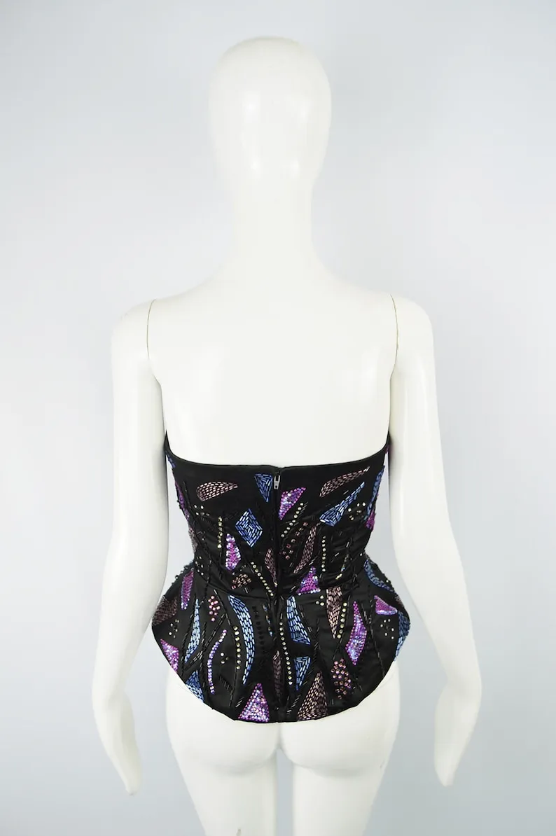 Franka London Couture Beaded Satin Corset Top, 1980s