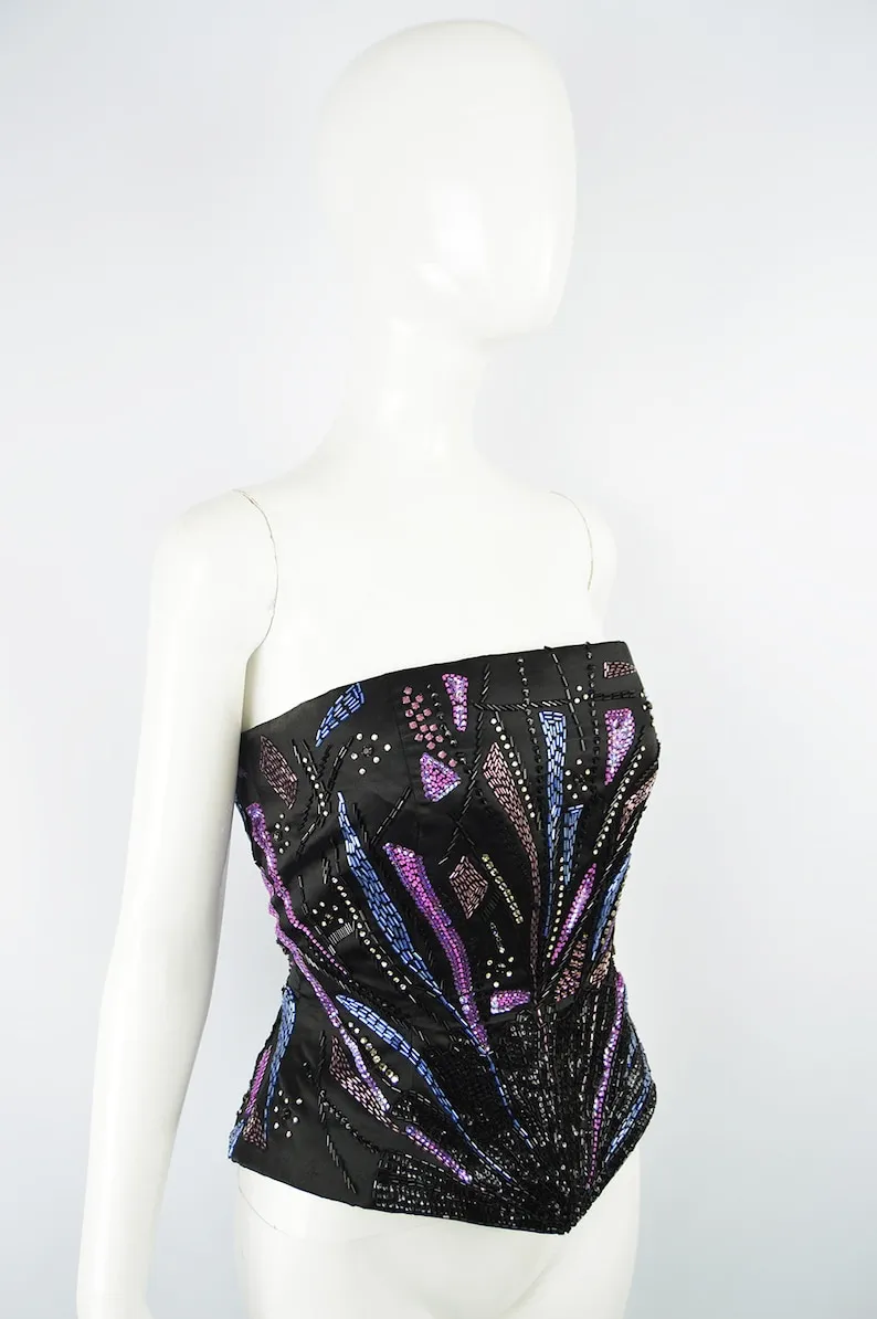 Franka London Couture Beaded Satin Corset Top, 1980s