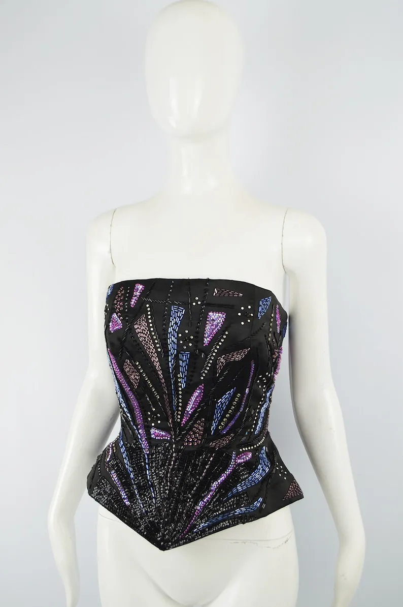 Franka London Couture Beaded Satin Corset Top, 1980s