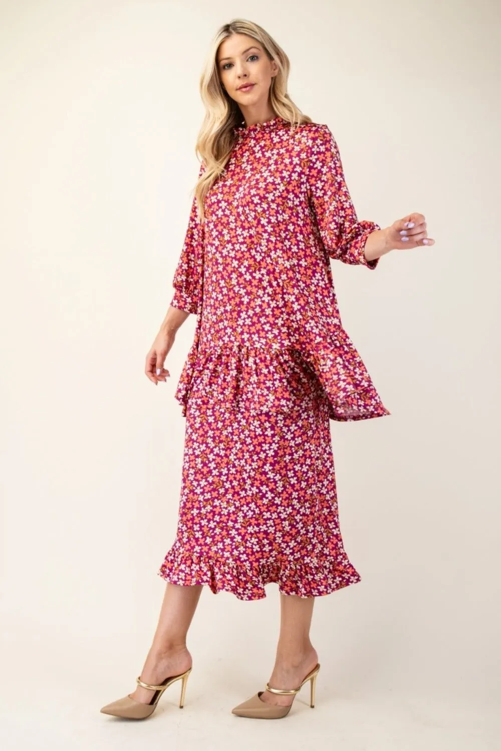 Full Size Floral Ruffled Top and Midi Skirt Set