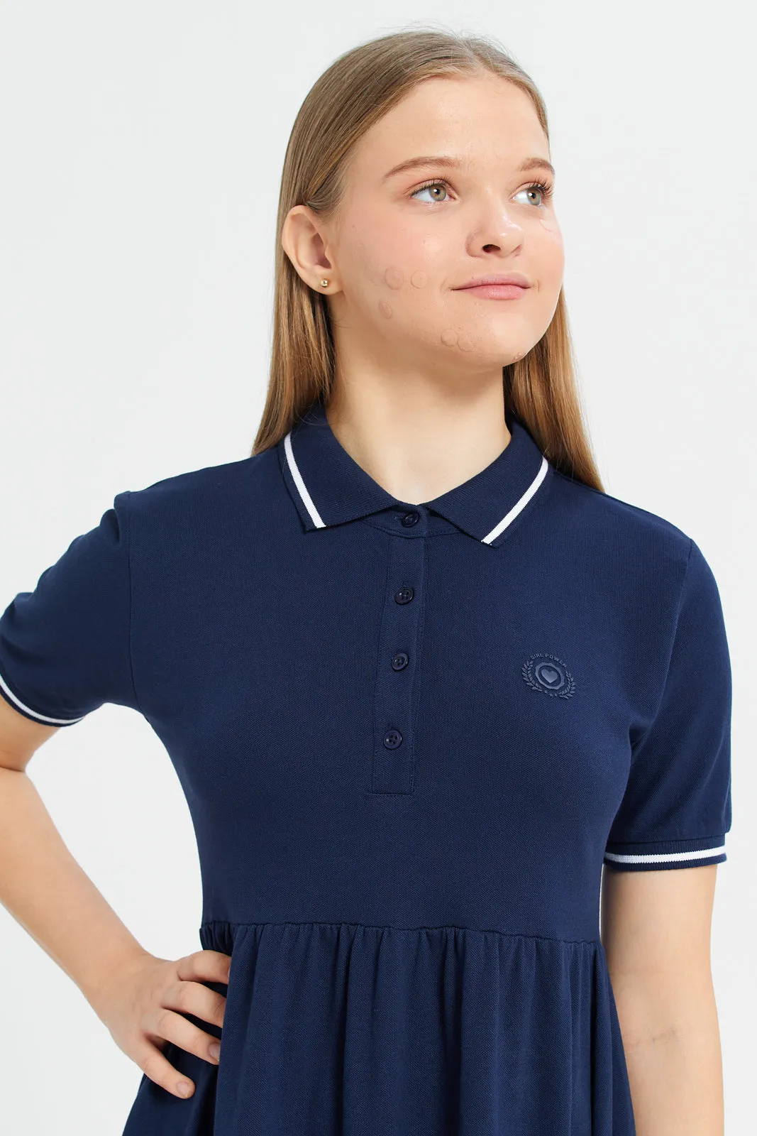 Girls Navy Collar Plain Short Sleeve Dress