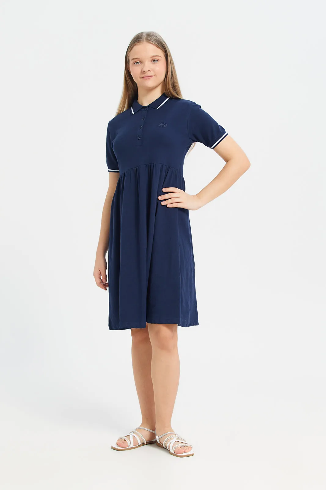 Girls Navy Collar Plain Short Sleeve Dress