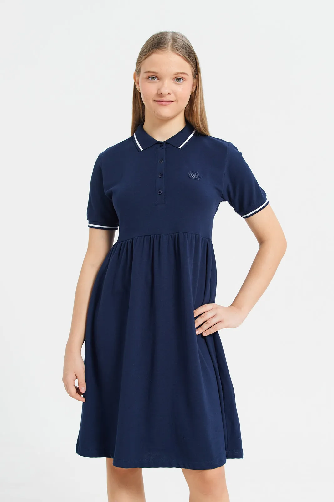 Girls Navy Collar Plain Short Sleeve Dress