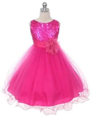 Glittery Sequined Bodice and Double Layered Mesh Dress - Fuchsia