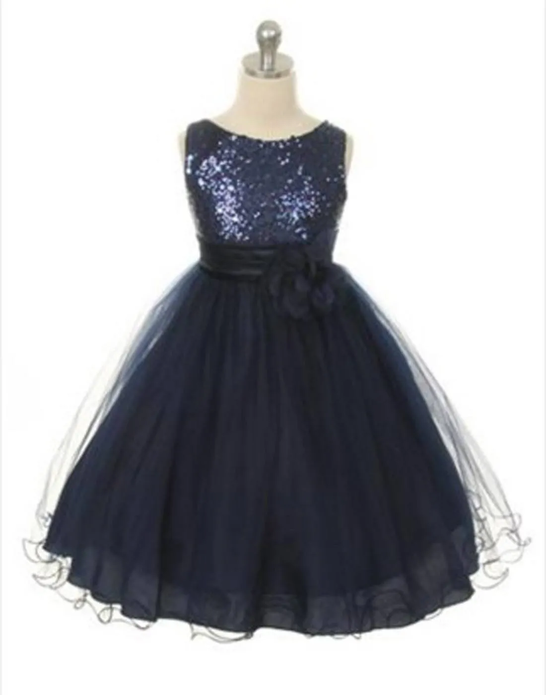 Glittery Sequined Bodice and Double Layered Mesh Dress - Navy Blue