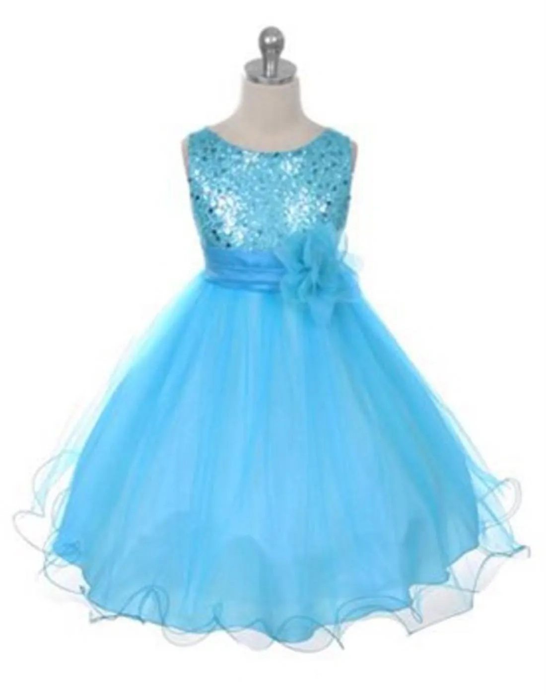 Glittery Sequined Bodice and Double Layered Mesh Dress - Turquoise