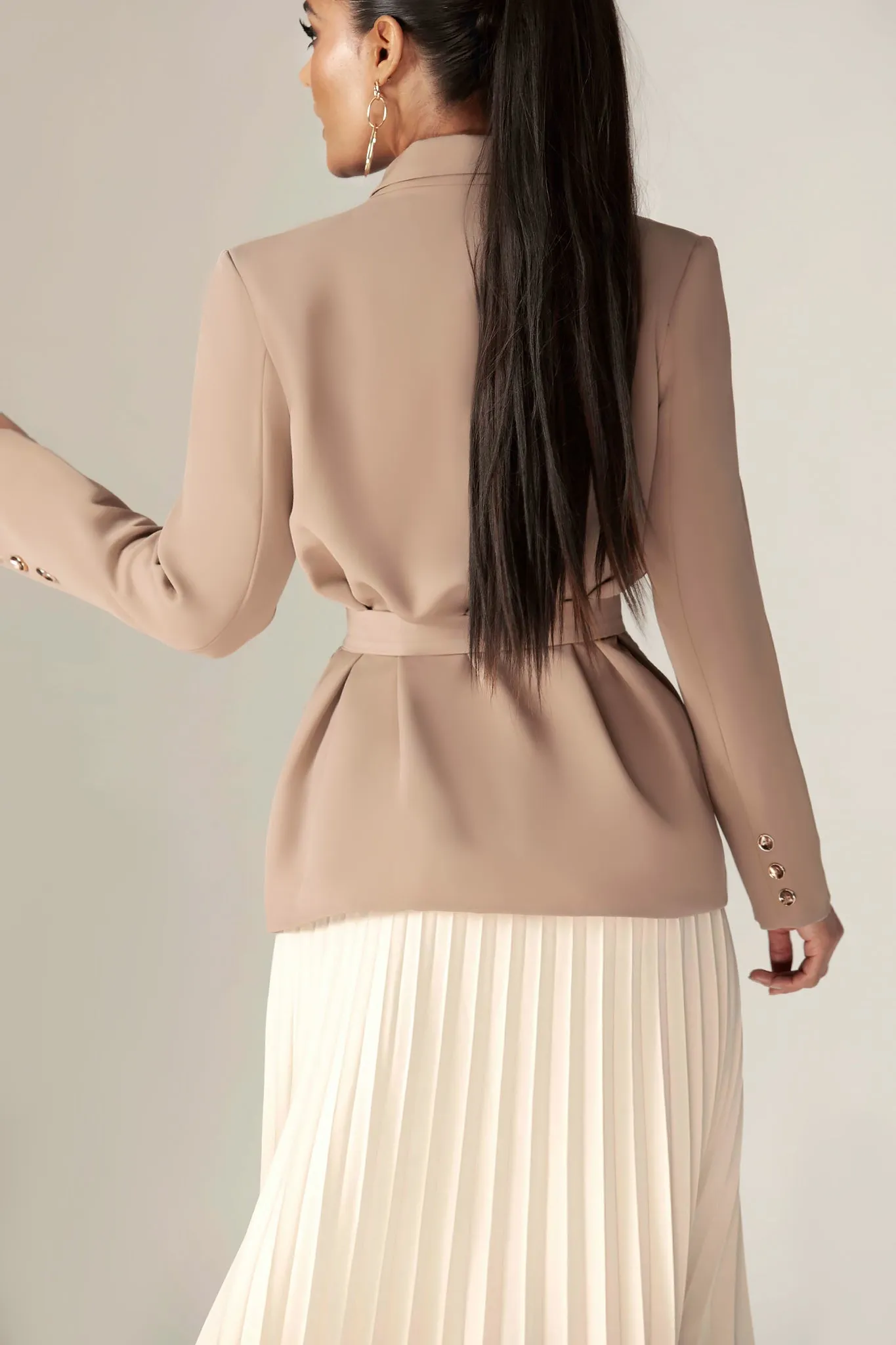 Gloriette Belted Double Breasted Crepe Blazer (Pastel Brown)