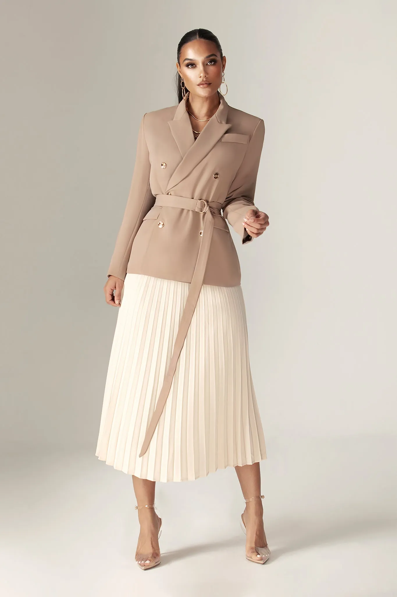 Gloriette Belted Double Breasted Crepe Blazer (Pastel Brown)