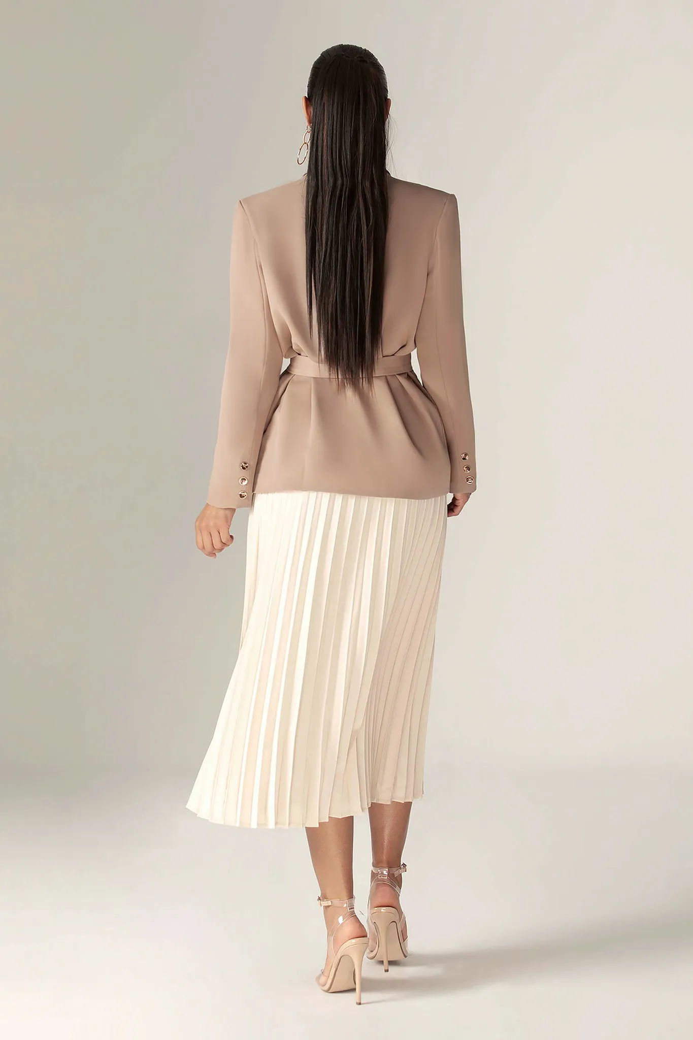 Gloriette Belted Double Breasted Crepe Blazer (Pastel Brown)