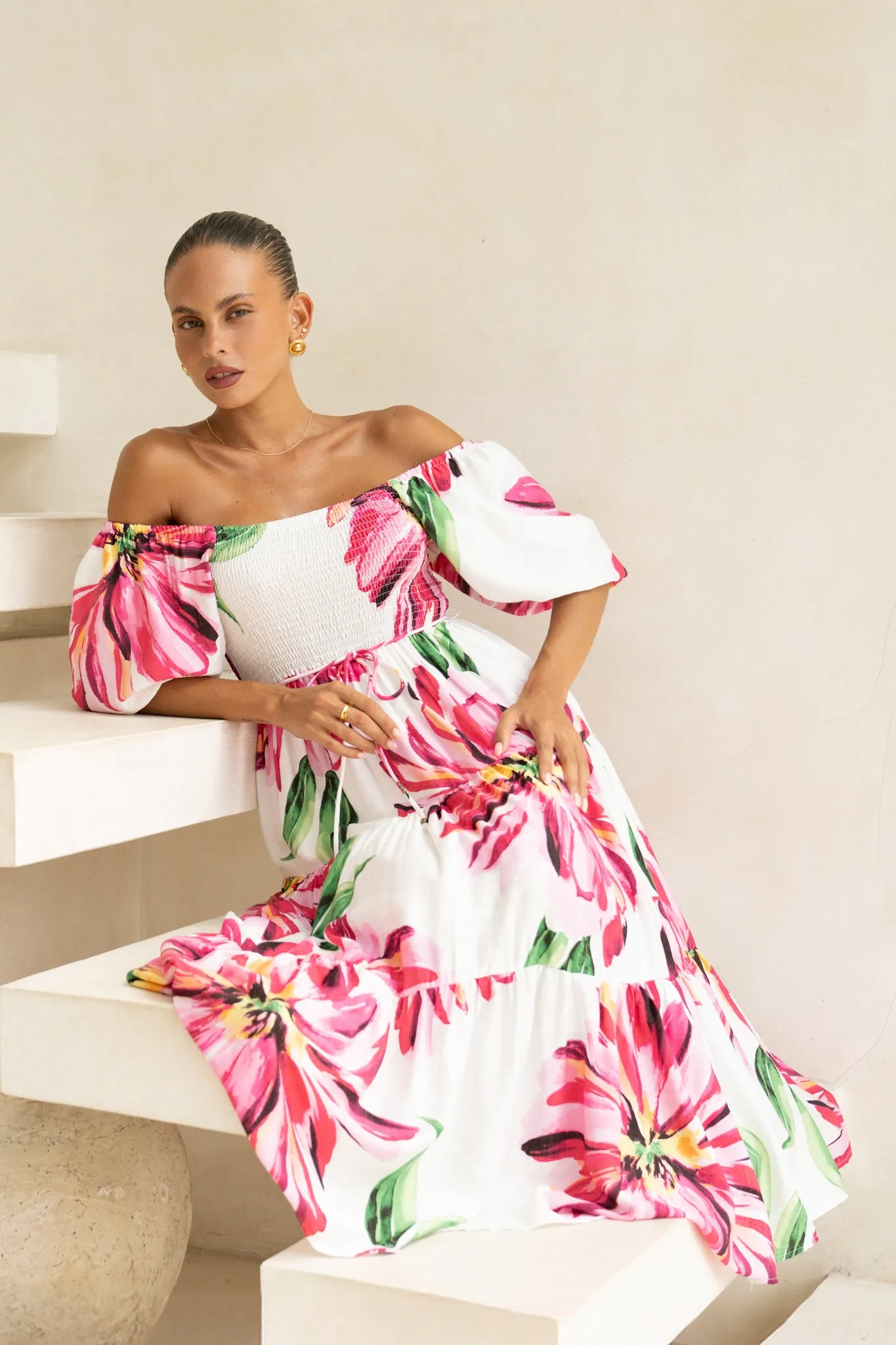 Gracie Pink Floral Puff Sleeve Midi Dress