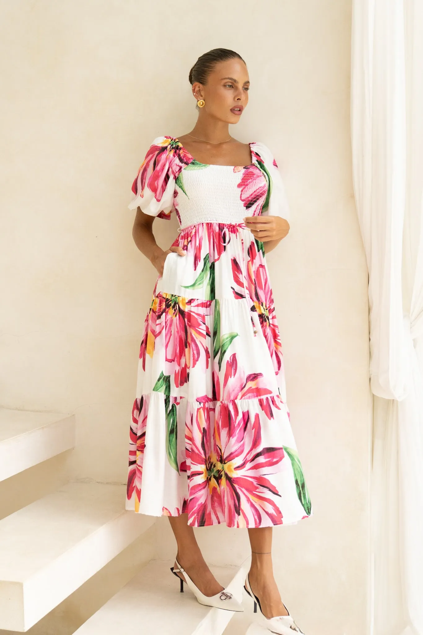 Gracie Pink Floral Puff Sleeve Midi Dress