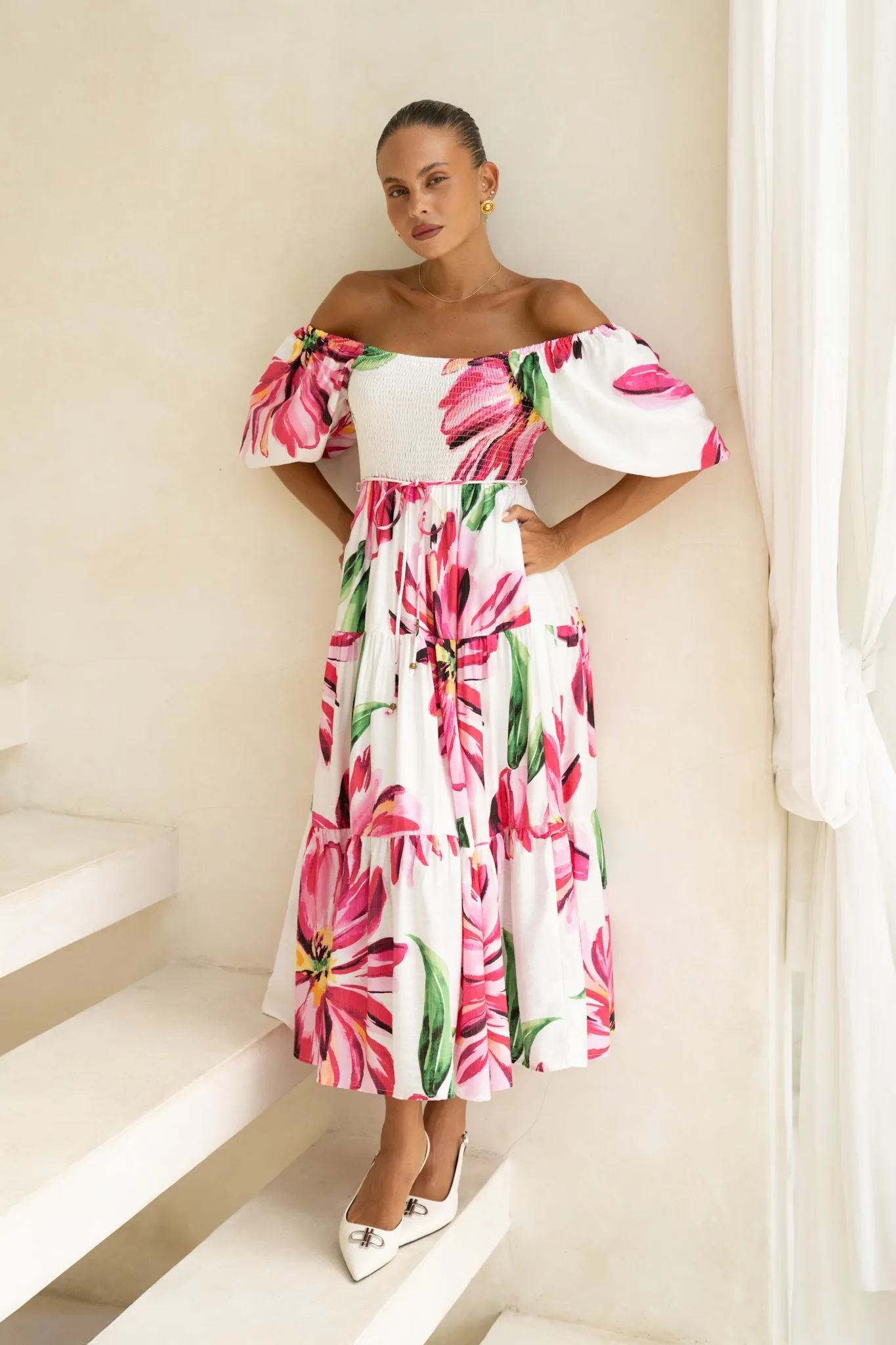 Gracie Pink Floral Puff Sleeve Midi Dress