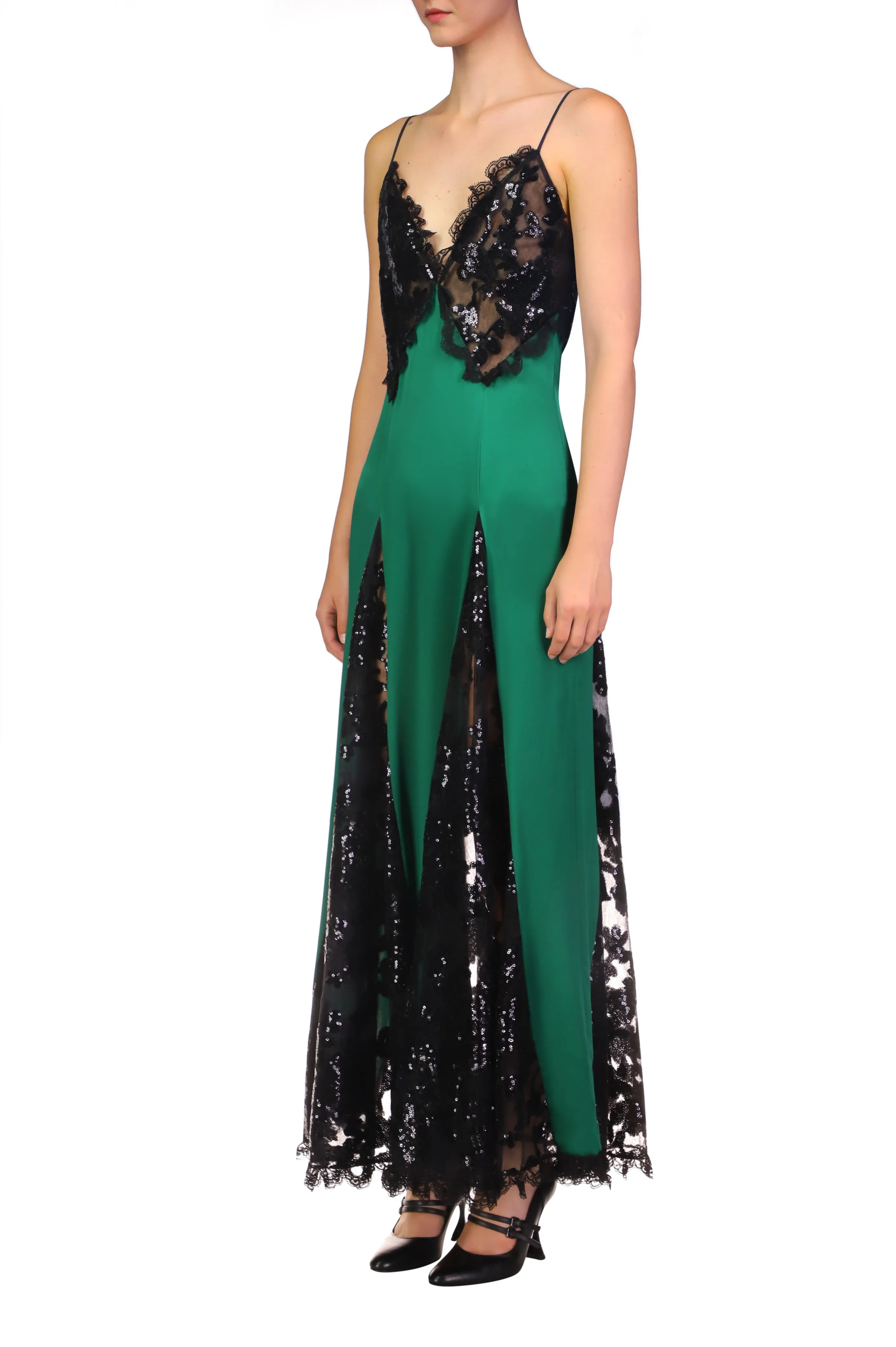 Green Silk Satin And Black Sequin Dress With Godet And Lace Ruffle